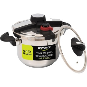image:imageUniversal 63 Qt6 Liter Silver Express Pressure Cooker  Extra Glass Lid 15 PSI100 kPa with Easy Opening System Ultra Safe Stainless Steel Pressure Cooker